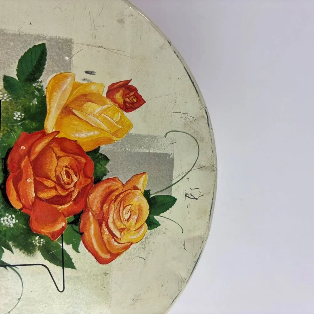 Vintage 50s Metal Tin Round Floral Cart Of Roses Decorative Storage Container